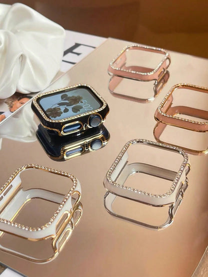 1pc Black Shiny Rhinestone Decor Hollow Protective Case With Anti-Drop Laser Engraved Frame, Fit For Apple Watch 40/41/42/44/45/46/49mm, Suitable For Apple Watch Series Ultra/SE/11/10/9/8/7/6/5/4, Sma