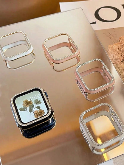 1pc Black Shiny Rhinestone Decor Hollow Protective Case With Anti-Drop Laser Engraved Frame, Fit For Apple Watch 40/41/42/44/45/46/49mm, Suitable For Apple Watch Series Ultra/SE/11/10/9/8/7/6/5/4, Sma