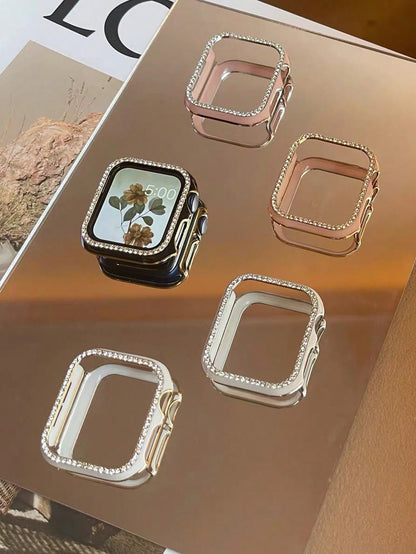 1pc Black Shiny Rhinestone Decor Hollow Protective Case With Anti-Drop Laser Engraved Frame, Fit For Apple Watch 40/41/42/44/45/46/49mm, Suitable For Apple Watch Series Ultra/SE/11/10/9/8/7/6/5/4, Sma