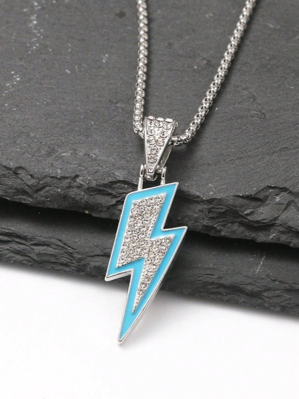 1pc Blue Enamel Rhinestone Lightning Pendant Car Rearview Mirror Hanging Ornament, Box Chain Pendant Car Interior Accessory, Multi-Purpose Car Interior Decoration Hanging Ornament, Also Can Be Worn As