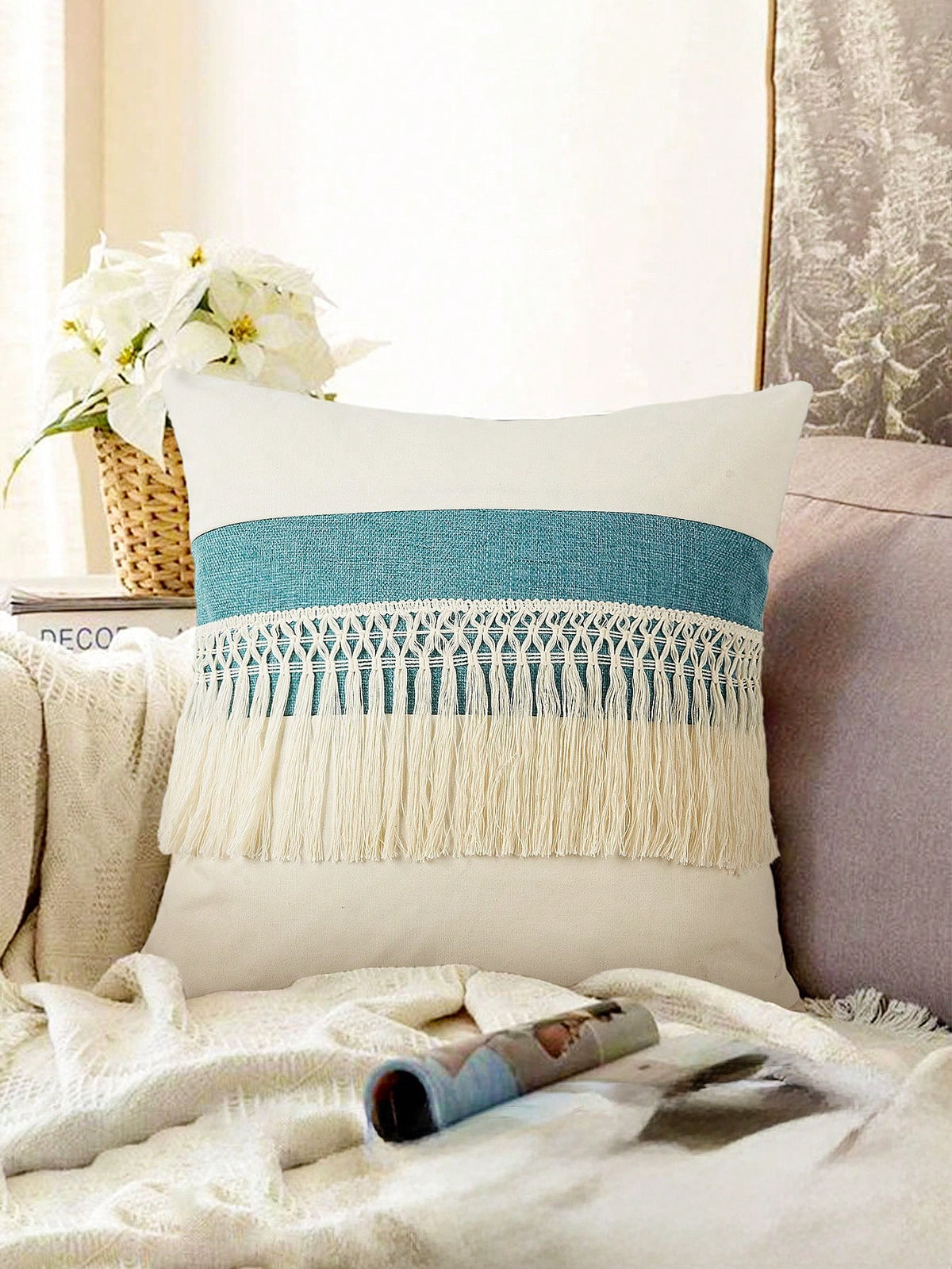 1pc Boho Tassel Throw Pillow Cover, Patchwork Canvas Living Room Cushion Cover (Pillow Insert Not Included)