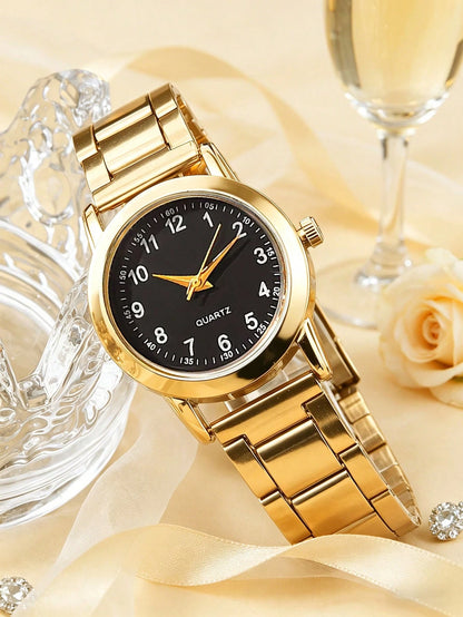 1pc Boys Gold Alloy Band Casual Round Dial Quartz Watch, Suitable For Daily Wear
