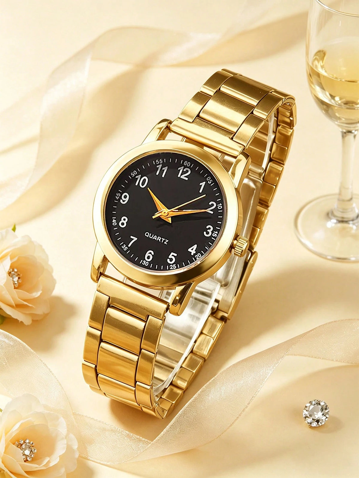 1pc Boys Gold Alloy Band Casual Round Dial Quartz Watch, Suitable For Daily Wear