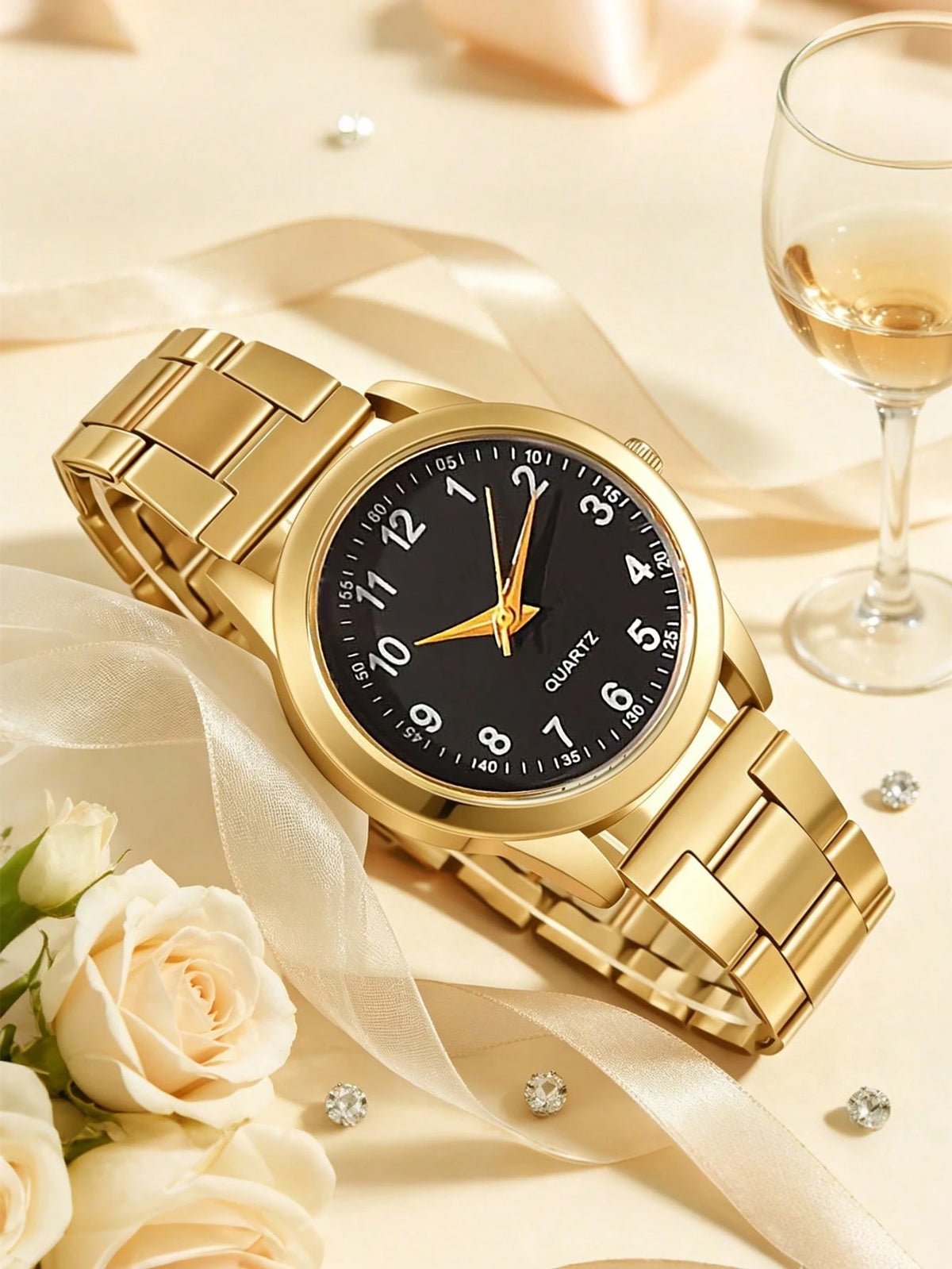 1pc Boys Gold Alloy Band Casual Round Dial Quartz Watch, Suitable For Daily Wear