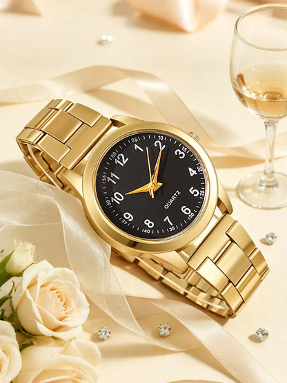 1pc Boys Gold Alloy Band Casual Round Dial Quartz Watch, Suitable For Daily Wear