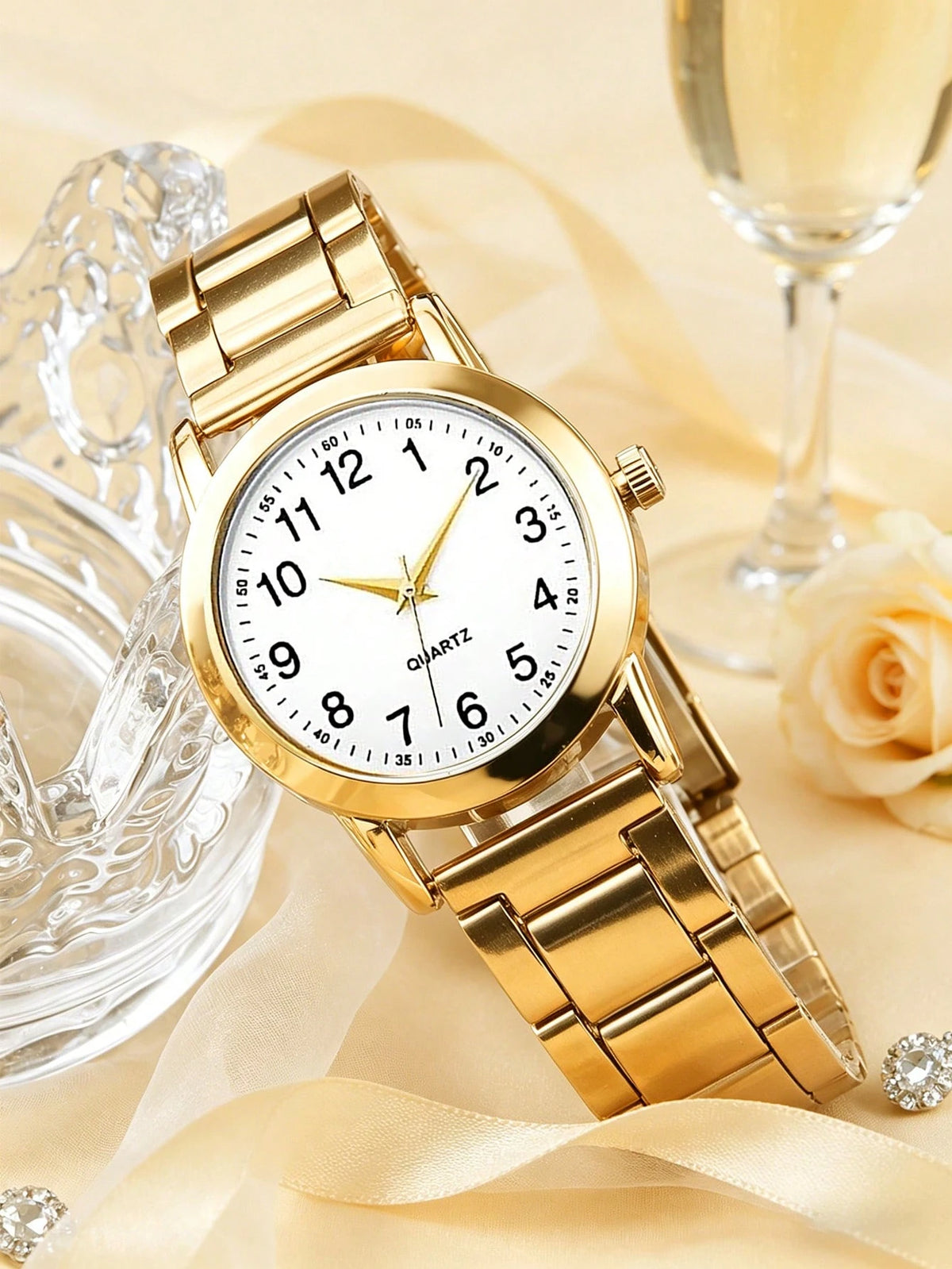 1pc Boys Gold Alloy Band Casual Round Dial Quartz Watch, Suitable For Daily Wear
