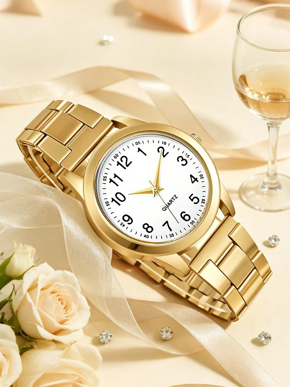 1pc Boys Gold Alloy Band Casual Round Dial Quartz Watch, Suitable For Daily Wear