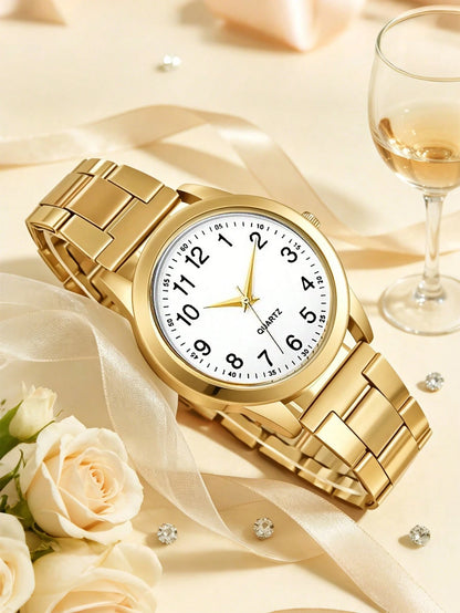 1pc Boys Gold Alloy Band Casual Round Dial Quartz Watch, Suitable For Daily Wear