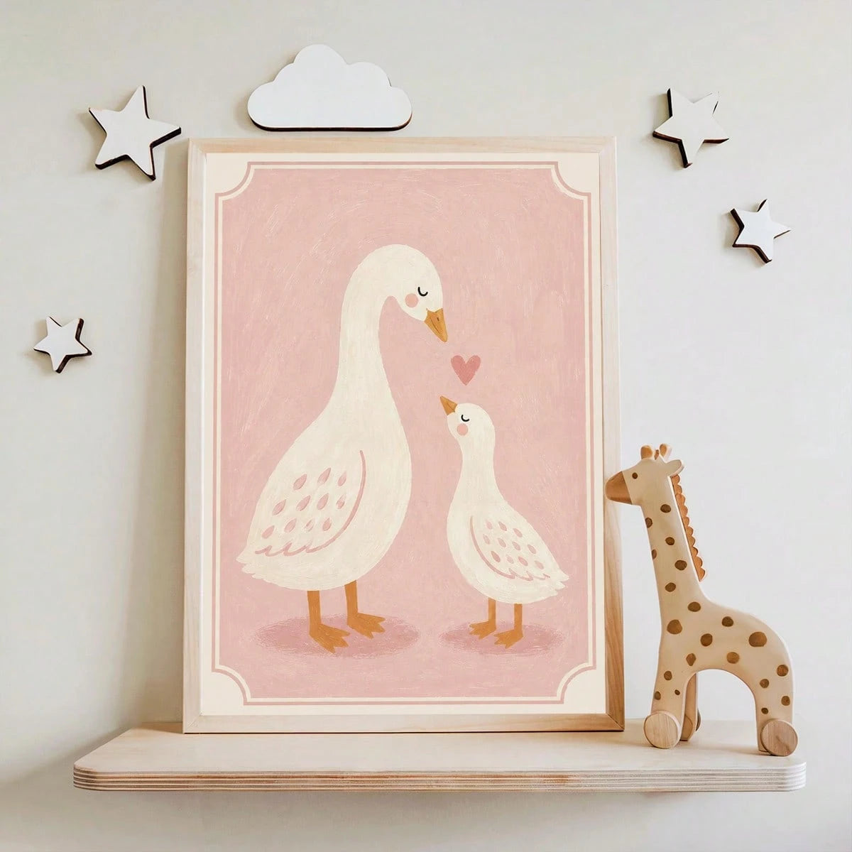 1pc Canvas Framed Wall Art Decor For Baby Nursery, "Mom And Baby" White Goose, Girls Nursery Wall Decoration, Ready To Hang, Suitable For Toddler Girls Bedroom, Playroom, Ideal Baby Shower Gift, Warm