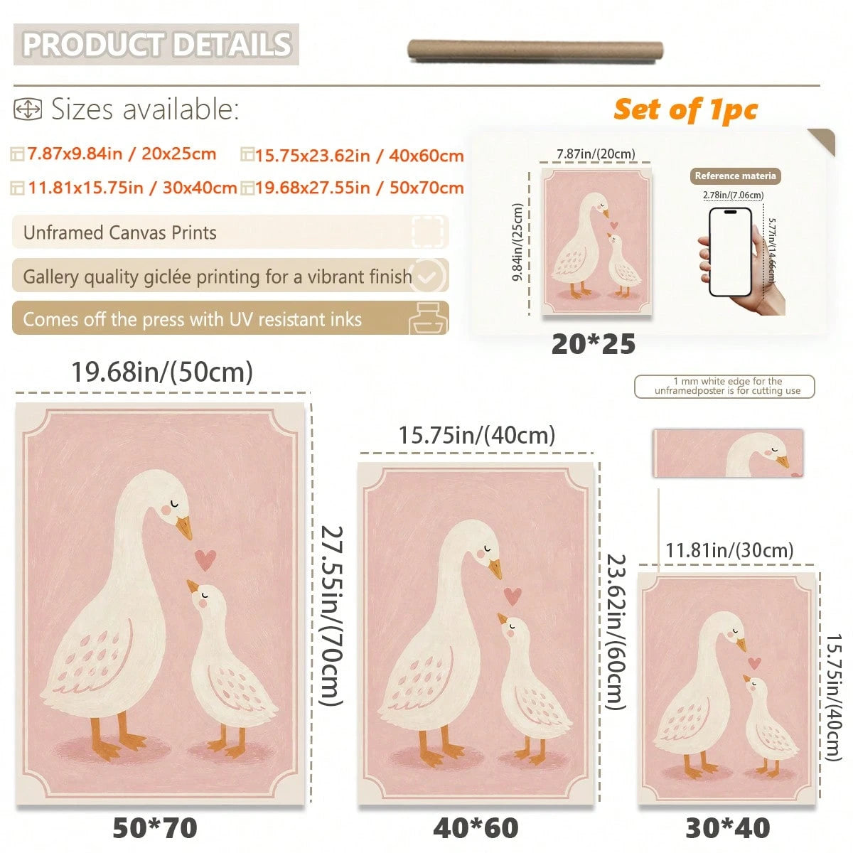 1pc Canvas Framed Wall Art Decor For Baby Nursery, "Mom And Baby" White Goose, Girls Nursery Wall Decoration, Ready To Hang, Suitable For Toddler Girls Bedroom, Playroom, Ideal Baby Shower Gift, Warm