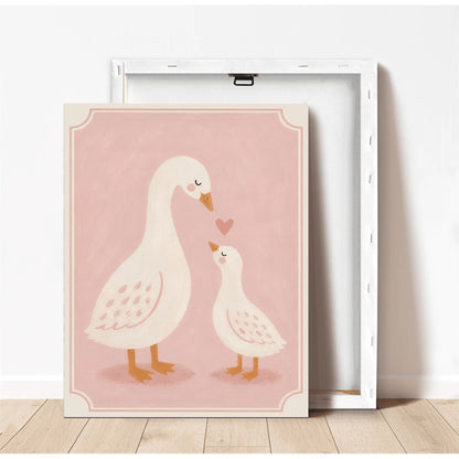 1pc Canvas Framed Wall Art Decor For Baby Nursery, "Mom And Baby" White Goose, Girls Nursery Wall Decoration, Ready To Hang, Suitable For Toddler Girls Bedroom, Playroom, Ideal Baby Shower Gift, Warm