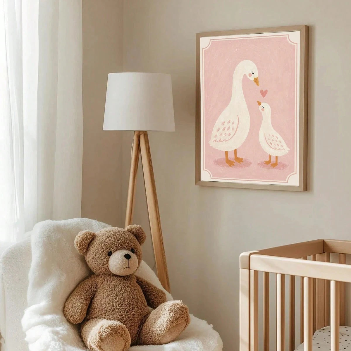 1pc Canvas Framed Wall Art Decor For Baby Nursery, "Mom And Baby" White Goose, Girls Nursery Wall Decoration, Ready To Hang, Suitable For Toddler Girls Bedroom, Playroom, Ideal Baby Shower Gift, Warm