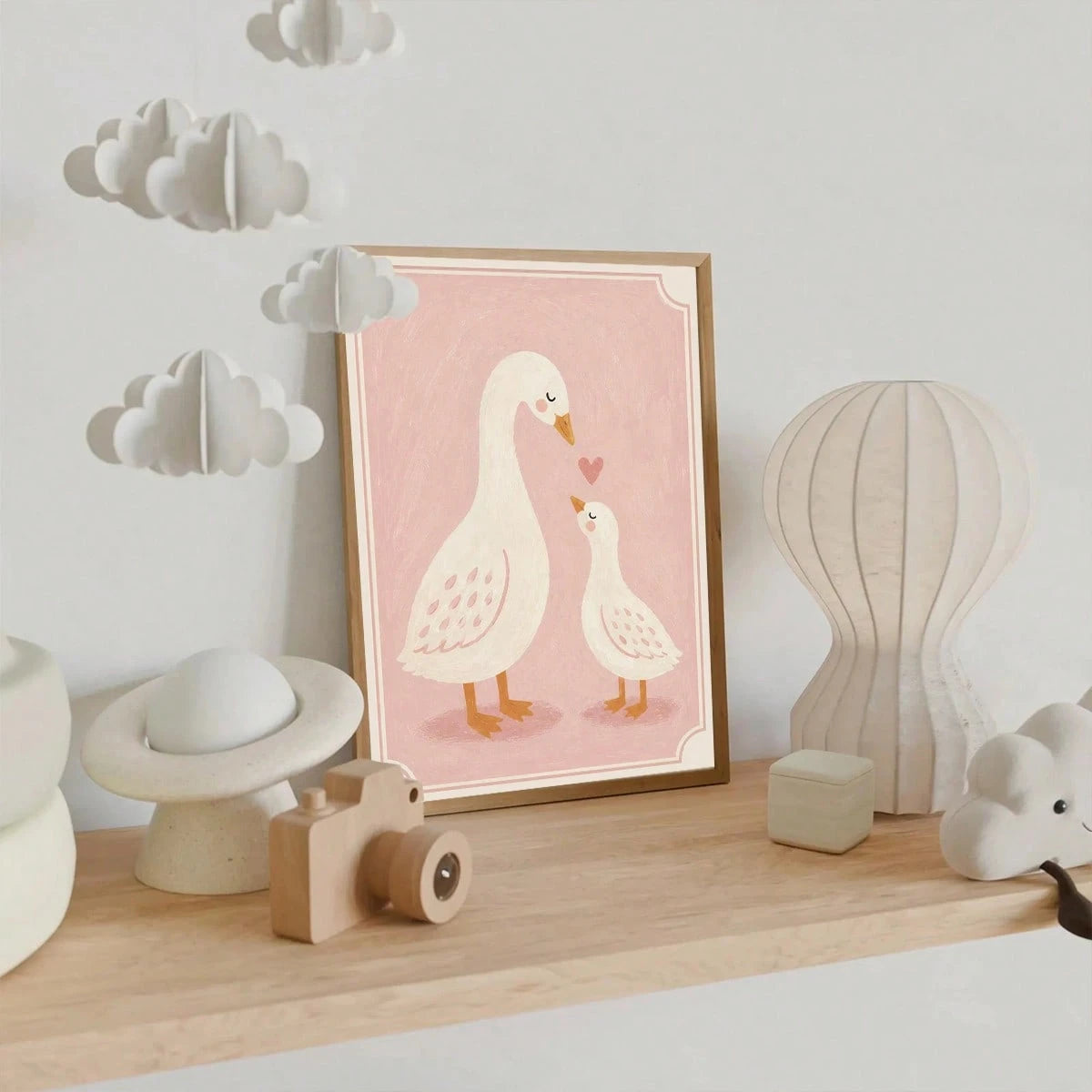 1pc Canvas Framed Wall Art Decor For Baby Nursery, "Mom And Baby" White Goose, Girls Nursery Wall Decoration, Ready To Hang, Suitable For Toddler Girls Bedroom, Playroom, Ideal Baby Shower Gift, Warm