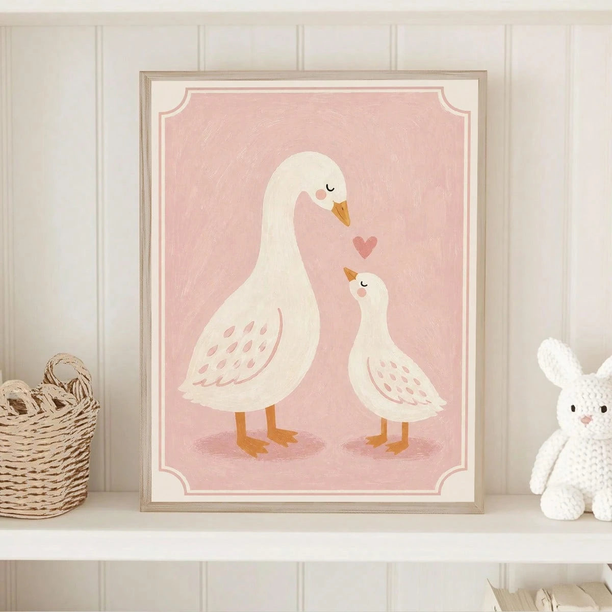 1pc Canvas Framed Wall Art Decor For Baby Nursery, "Mom And Baby" White Goose, Girls Nursery Wall Decoration, Ready To Hang, Suitable For Toddler Girls Bedroom, Playroom, Ideal Baby Shower Gift, Warm