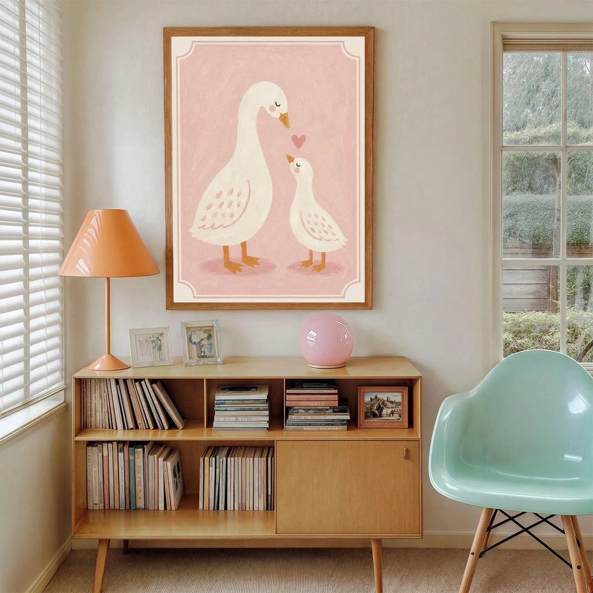 1pc Canvas Framed Wall Art Decor For Baby Nursery, "Mom And Baby" White Goose, Girls Nursery Wall Decoration, Ready To Hang, Suitable For Toddler Girls Bedroom, Playroom, Ideal Baby Shower Gift, Warm