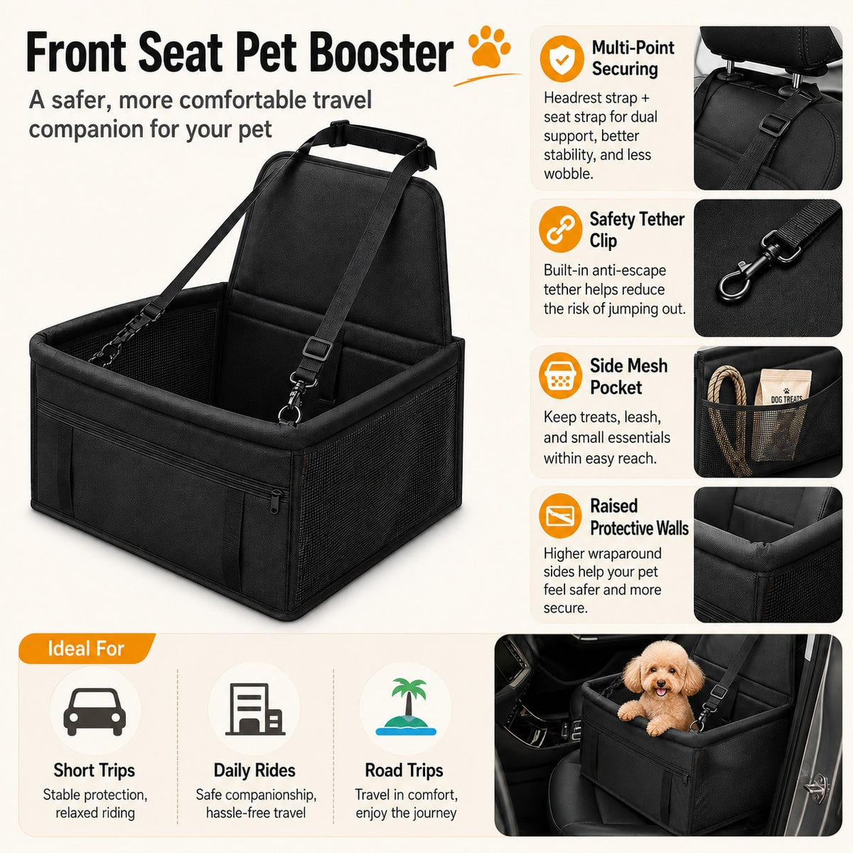 1pc Car Dog Booster Seat Front Passenger Pet Travel Essential For Small To Medium Dogs, Made Of Breathable Oxford Fabric, Dirt-Proof, Foldable, Universal Fit – Perfect Car Pet Accessory.