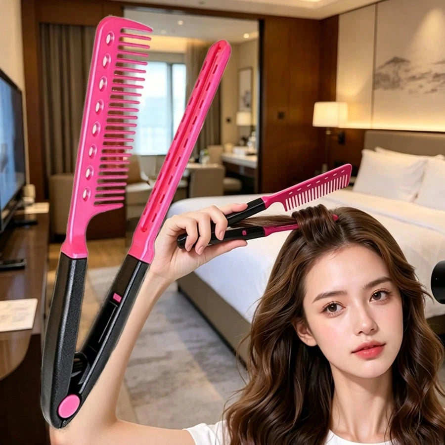 1pc Carbon Fiber Straightening Comb, V-Shaped Clip Comb, Double-Sided Hair Straightener, Dry And Wet Use Styling Comb, Hair Clip Assistant Comb, Spring Clip Straightening Comb, Hair Comb, Tooth Comb