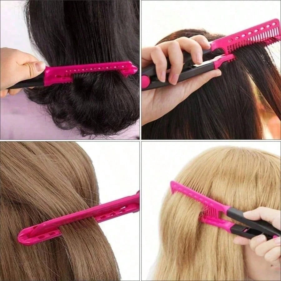 1pc Carbon Fiber Straightening Comb, V-Shaped Clip Comb, Double-Sided Hair Straightener, Dry And Wet Use Styling Comb, Hair Clip Assistant Comb, Spring Clip Straightening Comb, Hair Comb, Tooth Comb
