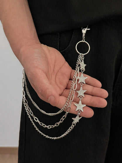1pc Casual Vintage Style Five-Point Star Rhinestone Inlaid Multi-Layer Chain Charm Metal Faux Jewelry Pants Chain, Hip-Hop High-End Feel, Personalized Minimalist, Street Photography, Wedding Vacation