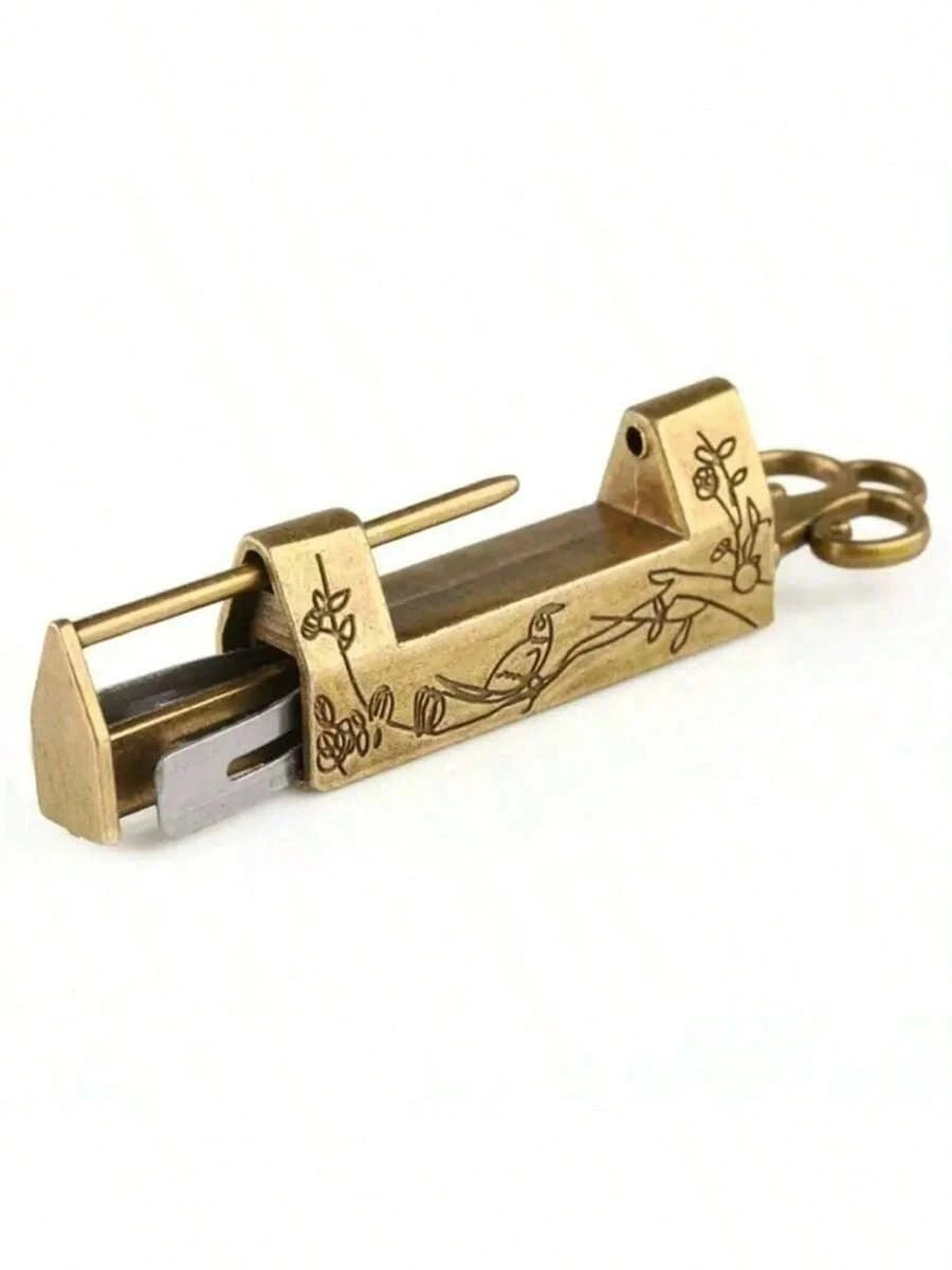 1pc Chinese Vintage Antique Locks Old Style Lock And Key Excellent BrassCarved Word Padlock