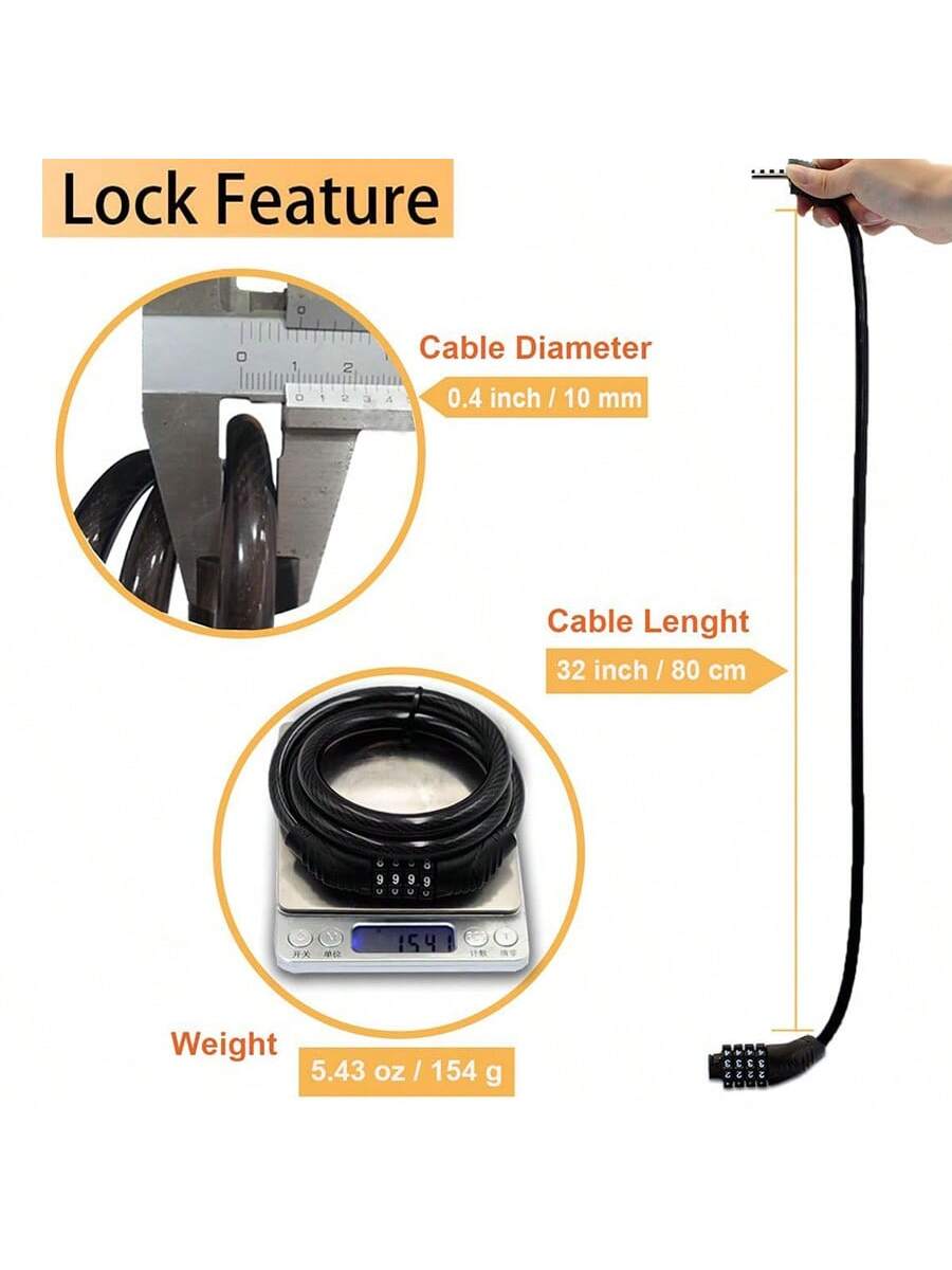 1pc Combination Bicycle Cable Lock-4-Digit, Long Winding Reset Cable Lock, Anti-Theft Accessory Suitable For Mountain Bikes, Road Bikes, Electric Bikes, Scooters