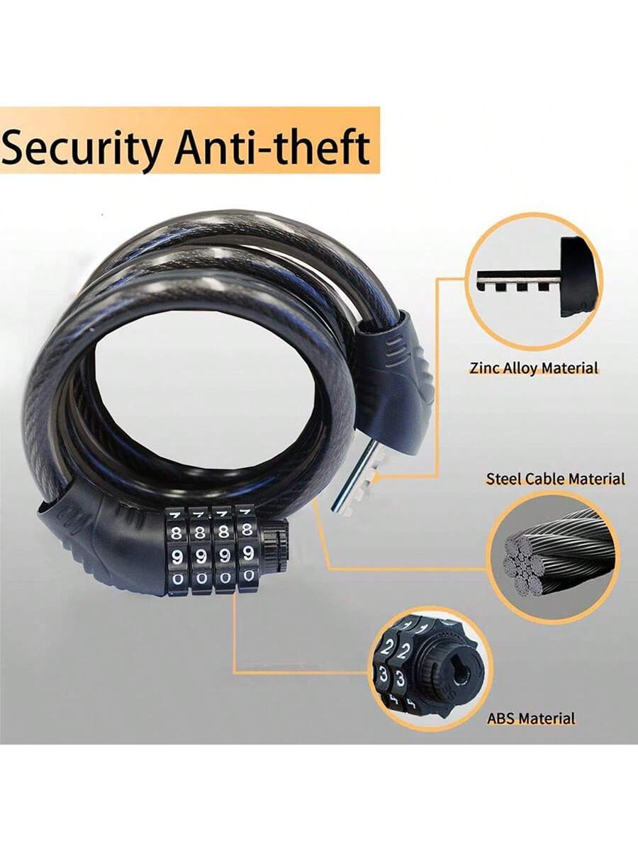 1pc Combination Bicycle Cable Lock-4-Digit, Long Winding Reset Cable Lock, Anti-Theft Accessory Suitable For Mountain Bikes, Road Bikes, Electric Bikes, Scooters