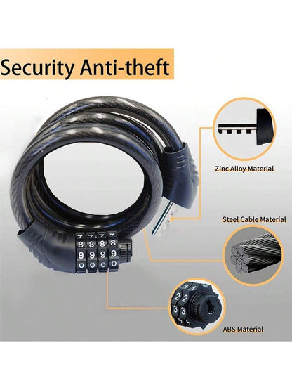 1pc Combination Bicycle Cable Lock-4-Digit, Long Winding Reset Cable Lock, Anti-Theft Accessory Suitable For Mountain Bikes, Road Bikes, Electric Bikes, Scooters