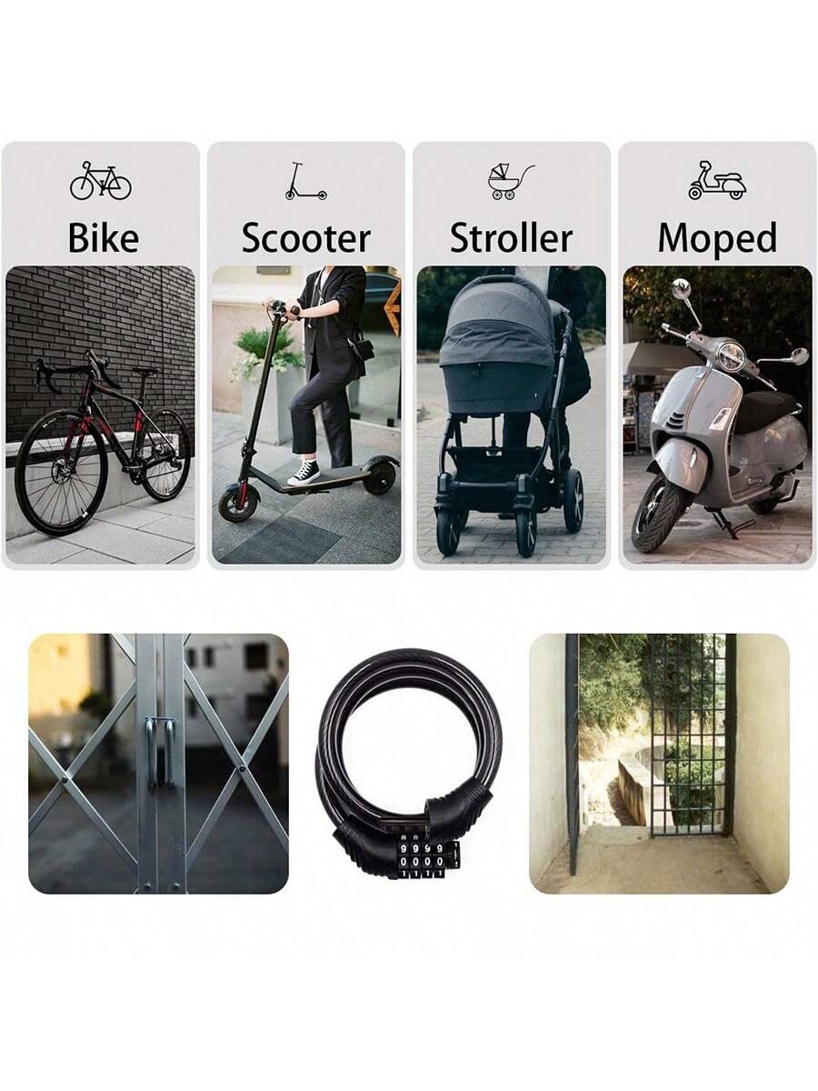 1pc Combination Bicycle Cable Lock-4-Digit, Long Winding Reset Cable Lock, Anti-Theft Accessory Suitable For Mountain Bikes, Road Bikes, Electric Bikes, Scooters