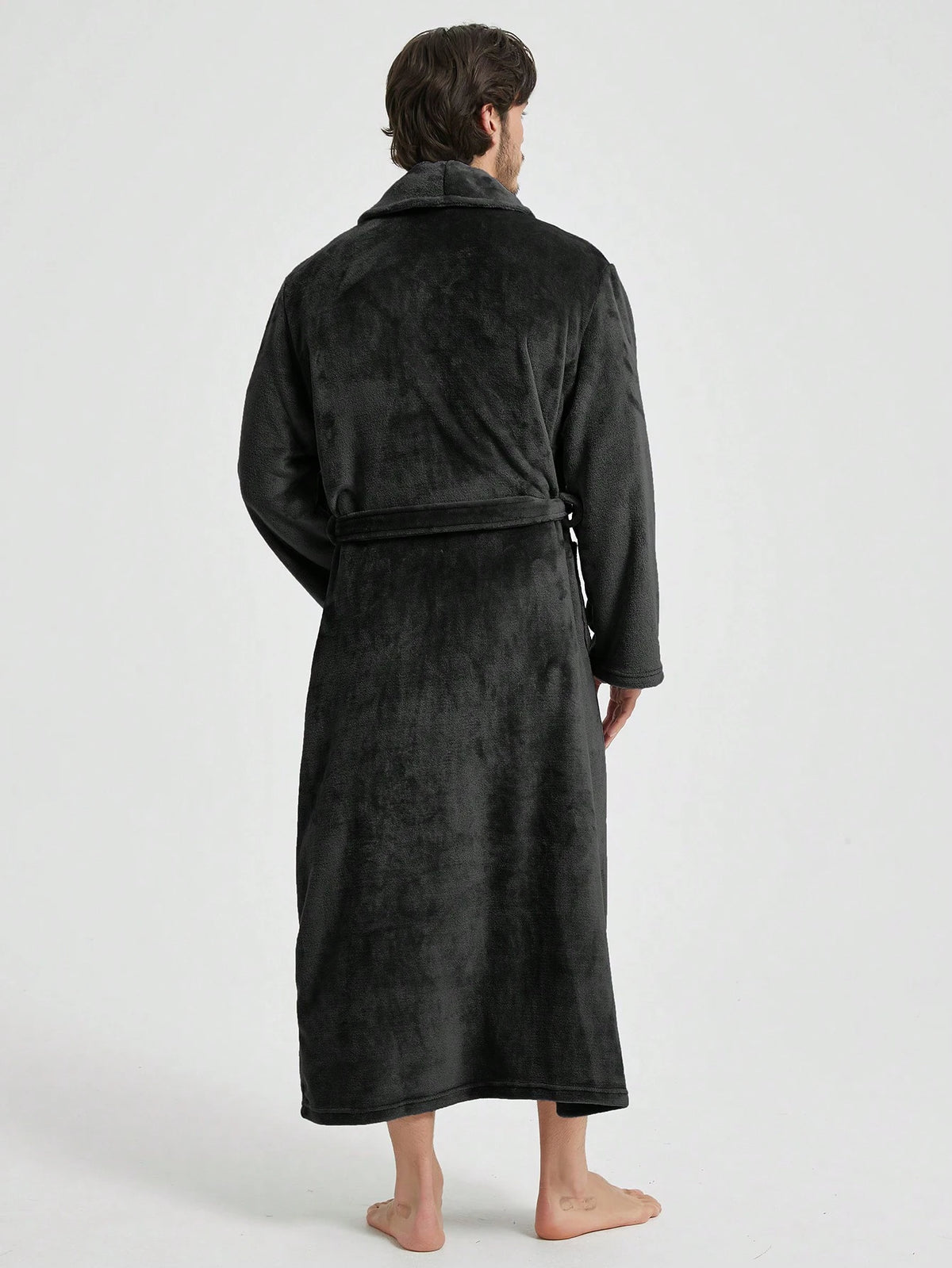 1pc Couple's Warm Flannel Shawl Neck Loose Casual Soft Thermal Lined Long Sleeve Belted Robe With Pockets, Suitable For Home Wear, Autumn/Winter, For Fall Winter, Fluffy, Cozy