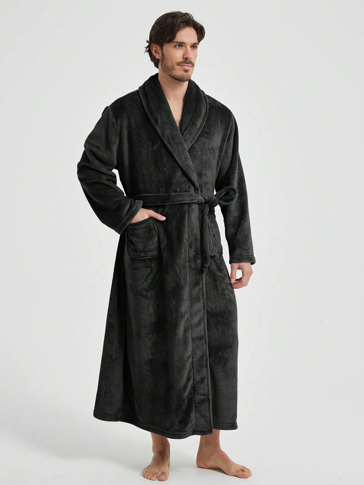 1pc Couple's Warm Flannel Shawl Neck Loose Casual Soft Thermal Lined Long Sleeve Belted Robe With Pockets, Suitable For Home Wear, Autumn/Winter, For Fall Winter, Fluffy, Cozy