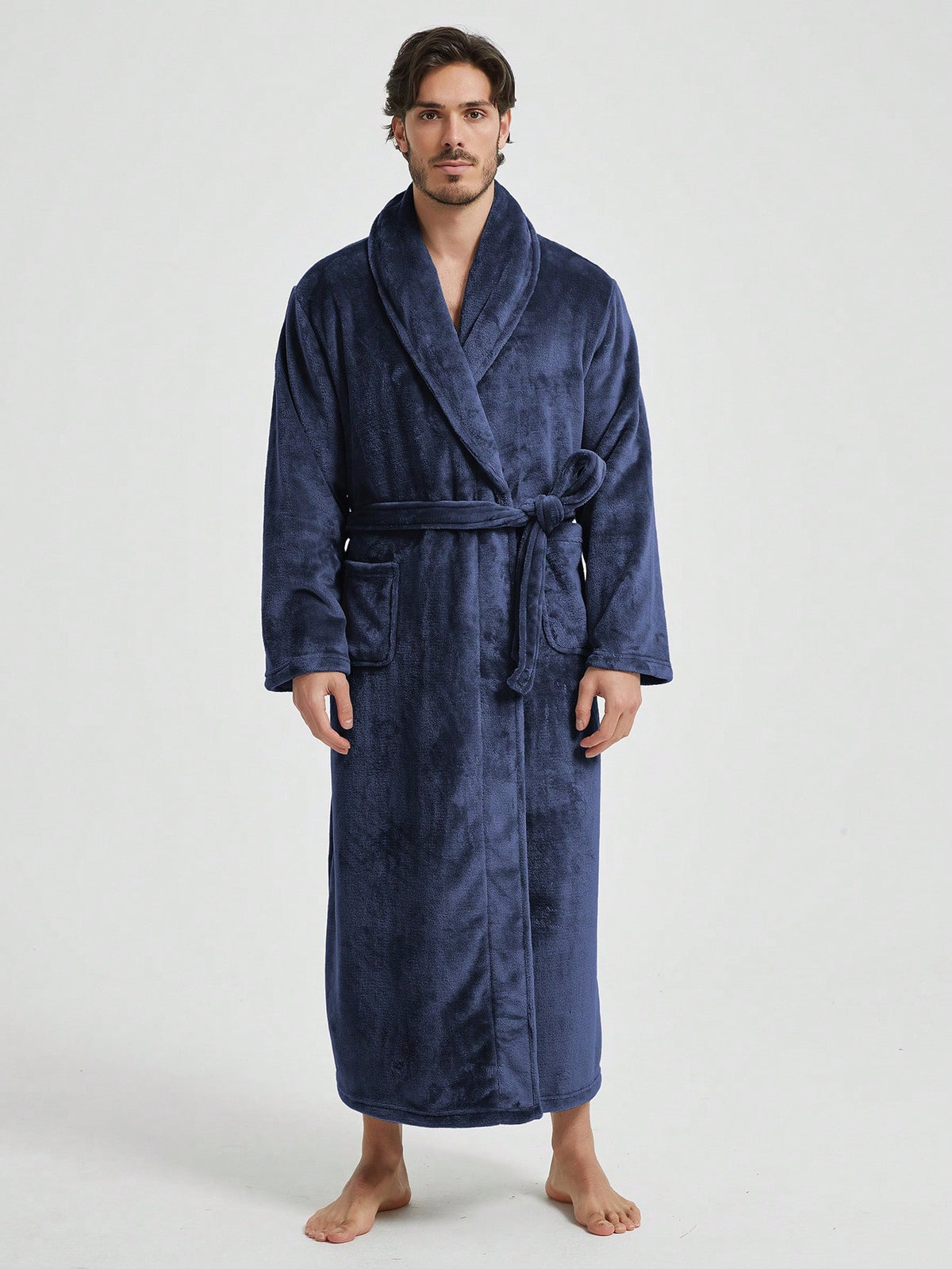 1pc Couple's Warm Flannel Shawl Neck Loose Casual Soft Thermal Lined Long Sleeve Belted Robe With Pockets, Suitable For Home Wear, Autumn/Winter, For Fall Winter, Fluffy, Cozy