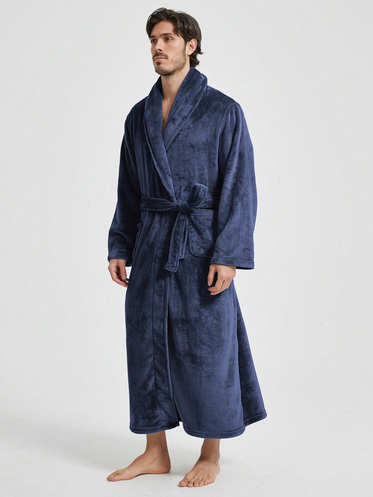 1pc Couple's Warm Flannel Shawl Neck Loose Casual Soft Thermal Lined Long Sleeve Belted Robe With Pockets, Suitable For Home Wear, Autumn/Winter, For Fall Winter, Fluffy, Cozy
