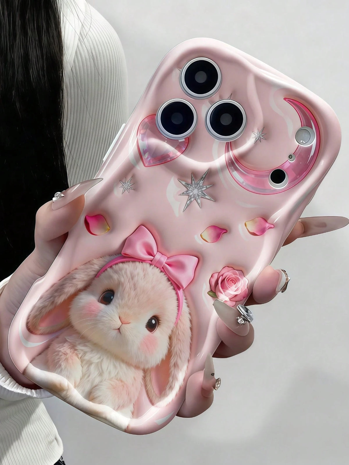 1pc Creative Pink Plush Cute Star Moon Bow Rabbit Wave Shaped Screen Edge Protective Phone Case Compatible With Apple 7/8/X/XR/XSMAX/11/12/13/14/15/16/17Promax, A14/A15/A16/A17/A04/A05/A06/A07/A54/A55
