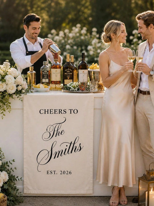 1PC Custom Wedding Bar Runner Sign, Personalized Family Name Linen Decor, Signature Drink Wedding Sign