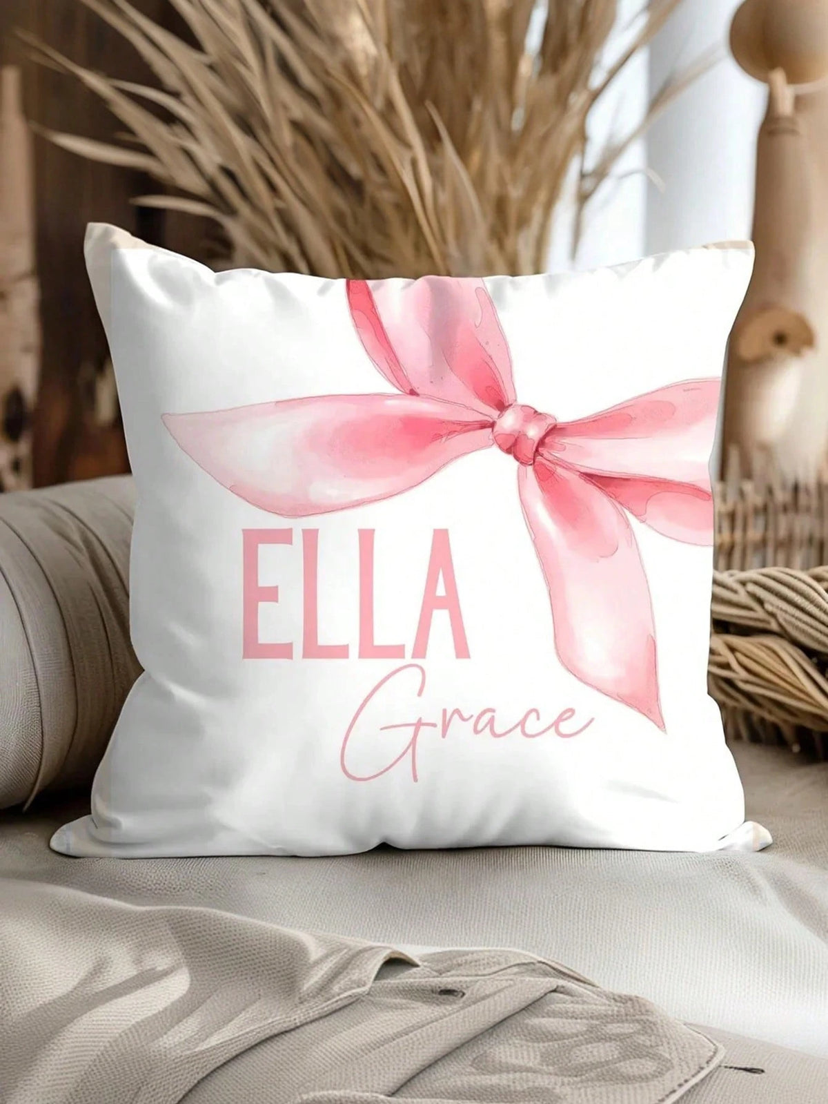 1pc Customizable Name Text English DIY Throw Pillow Cover, Soft Pink Bow Decor Pattern, Girly Bedroom Living Room Sofa Bed Lumbar Cushion Cover, Holiday Gift, All Season Pillow Case, Single-Sided Prin