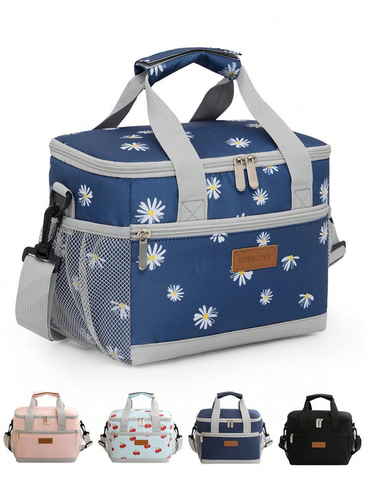 1pc Daisy Print Insulated Lunch Bag With Shoulder Strap, Reusable Lunch Box For Office Picnic Hiking Beach For Women & Adults, Leakproof Thermal Bento Lunch Box With Thick Aluminum Lining, Ideal For W