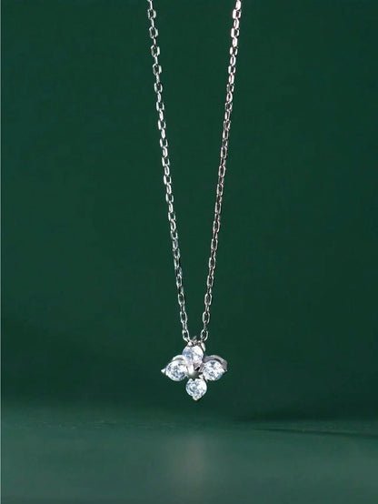 1pc Fashionable 925 Silver Cubic Zirconia Flower Rhinestone Pendant Necklace, Elegant Simple Gold Necklace For Women, Suitable For Wedding And Party Valentines