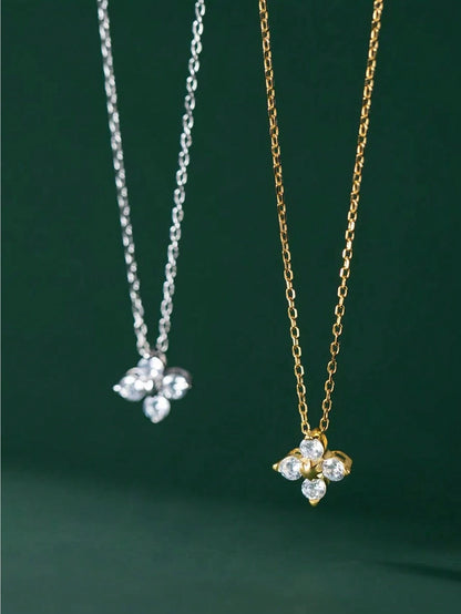 1pc Fashionable 925 Silver Cubic Zirconia Flower Rhinestone Pendant Necklace, Elegant Simple Gold Necklace For Women, Suitable For Wedding And Party Valentines