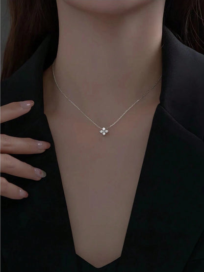 1pc Fashionable 925 Silver Cubic Zirconia Flower Rhinestone Pendant Necklace, Elegant Simple Gold Necklace For Women, Suitable For Wedding And Party Valentines