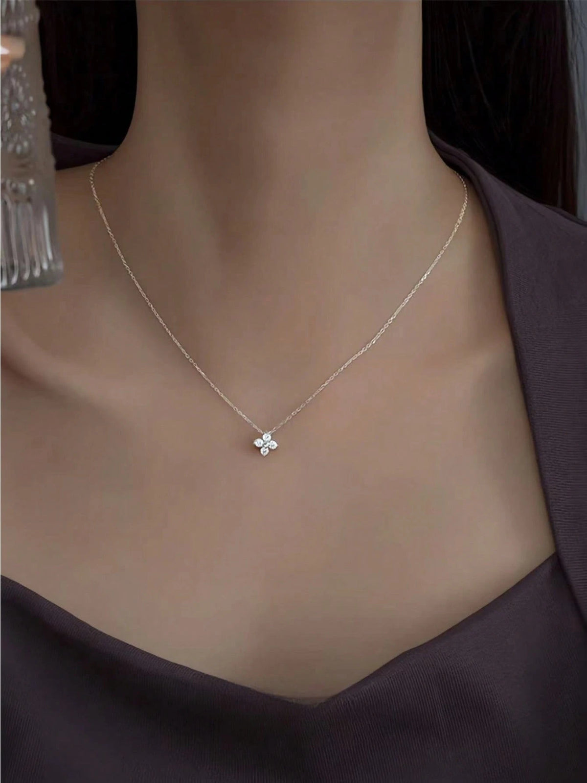 1pc Fashionable 925 Silver Cubic Zirconia Flower Rhinestone Pendant Necklace, Elegant Simple Gold Necklace For Women, Suitable For Wedding And Party Valentines
