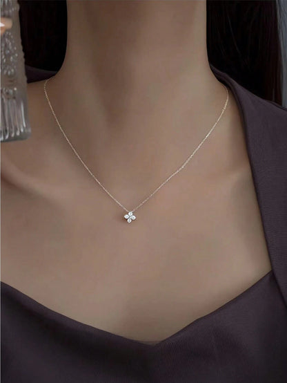 1pc Fashionable 925 Silver Cubic Zirconia Flower Rhinestone Pendant Necklace, Elegant Simple Gold Necklace For Women, Suitable For Wedding And Party Valentines