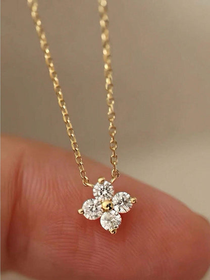 1pc Fashionable 925 Silver Cubic Zirconia Flower Rhinestone Pendant Necklace, Elegant Simple Gold Necklace For Women, Suitable For Wedding And Party Valentines