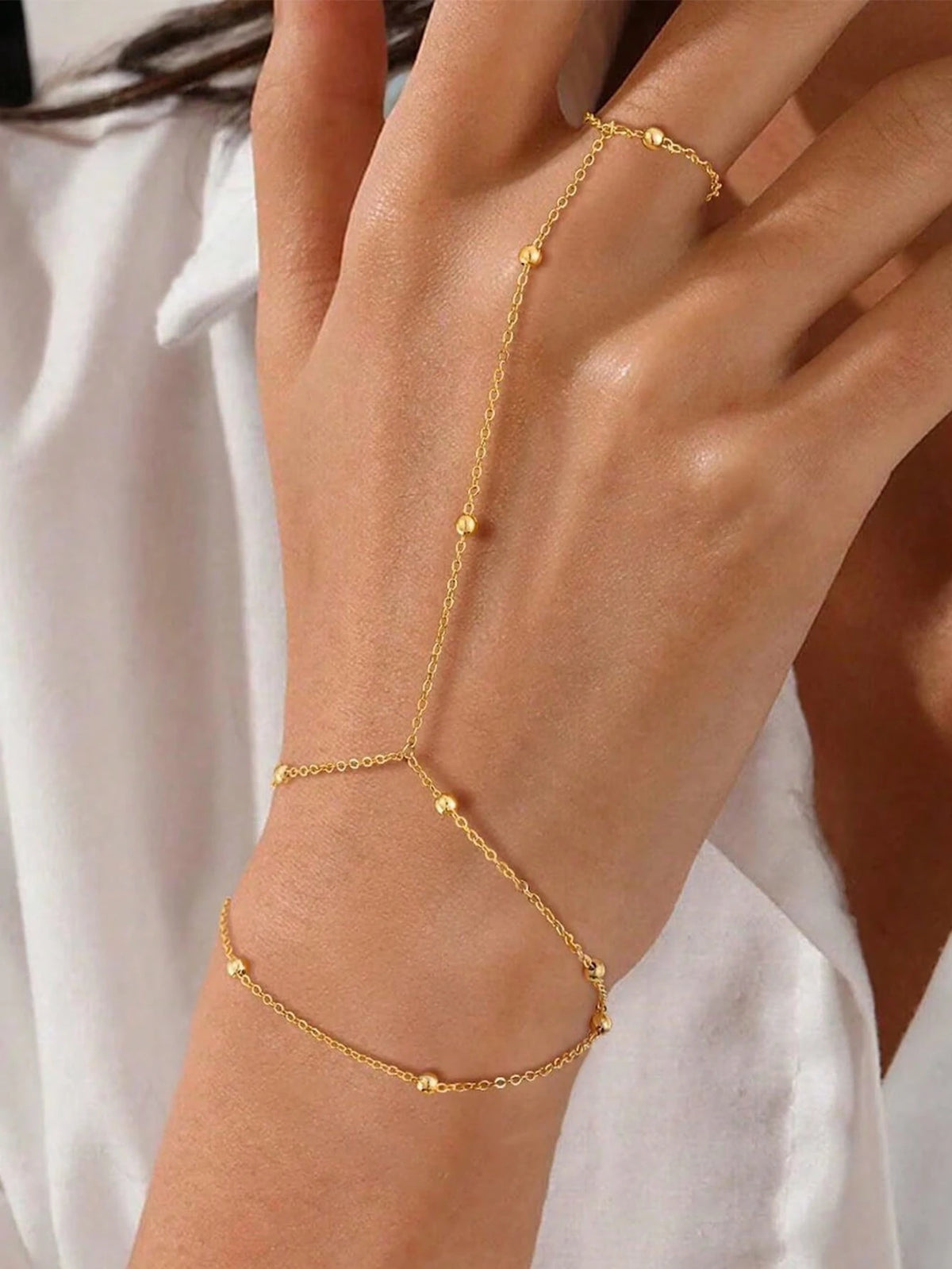 1pc Fashionable Personalized Minimalist Metal Beaded Chain Finger Ring, Versatile, Suitable For Daily Wear