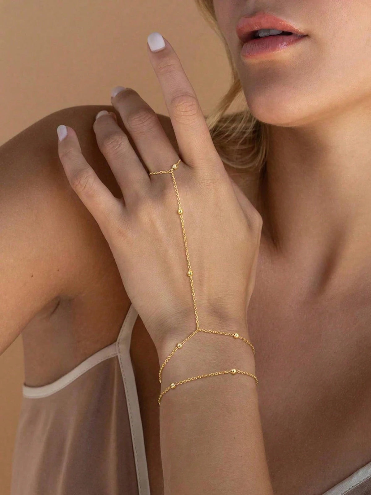 1pc Fashionable Personalized Minimalist Metal Beaded Chain Finger Ring, Versatile, Suitable For Daily Wear