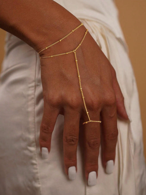 1pc Fashionable Personalized Minimalist Metal Beaded Double-Layer Linked Finger Ring Bracelet, Versatile, Suitable For Daily Wear (Handcrafted Chain Cut To Appropriate Length, Summer