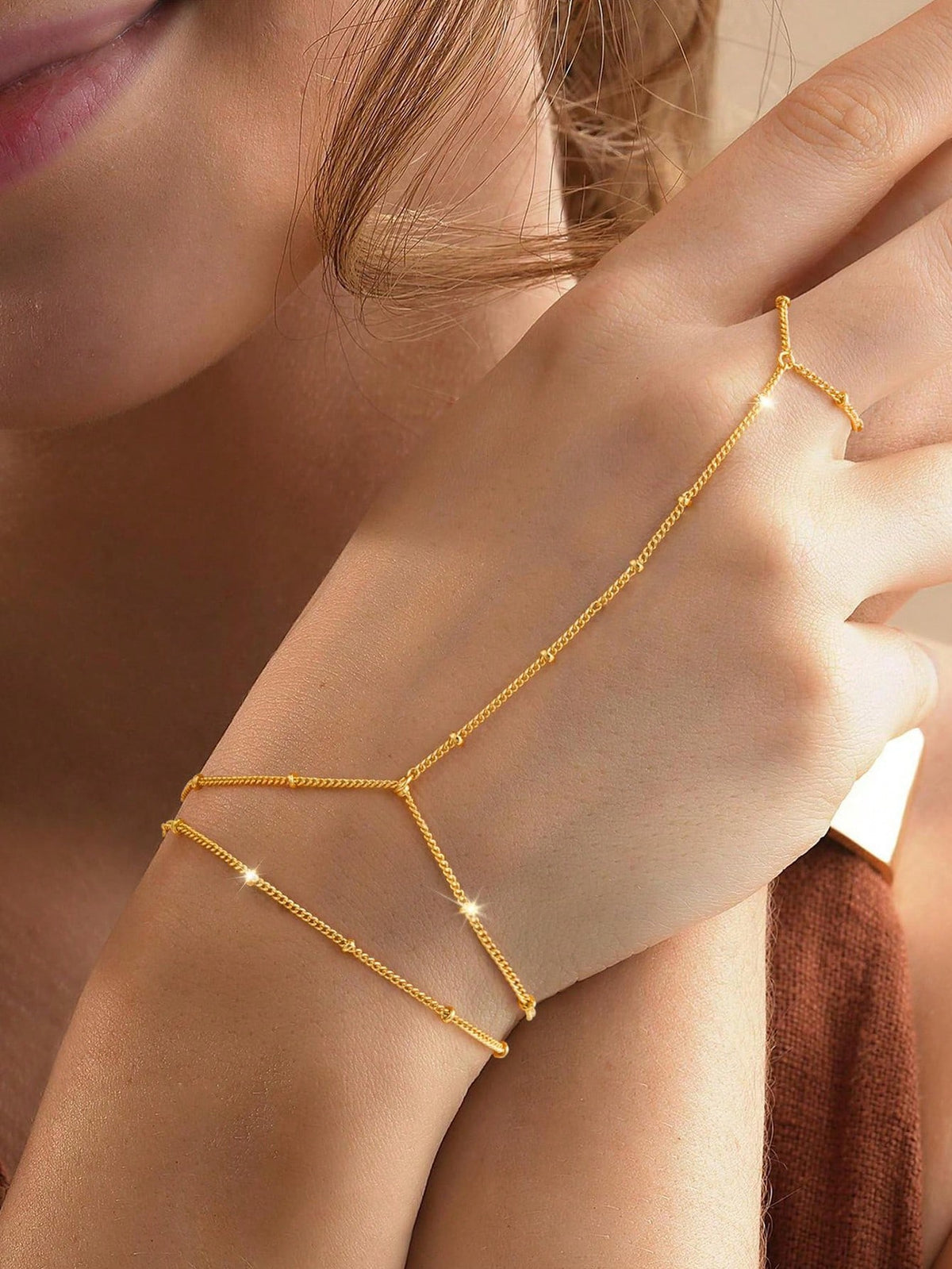 1pc Fashionable Personalized Minimalist Metal Beaded Double-Layer Linked Finger Ring Bracelet, Versatile, Suitable For Daily Wear (Handcrafted Chain Cut To Appropriate Length, Summer
