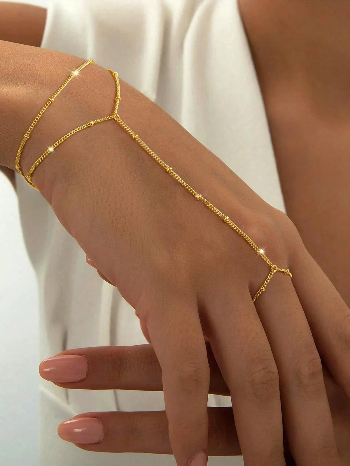 1pc Fashionable Personalized Minimalist Metal Beaded Double-Layer Linked Finger Ring Bracelet, Versatile, Suitable For Daily Wear (Handcrafted Chain Cut To Appropriate Length, Summer
