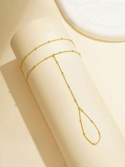 1pc Fashionable Personalized Minimalist Metal Beaded Double-Layer Linked Finger Ring Bracelet, Versatile, Suitable For Daily Wear (Handcrafted Chain Cut To Appropriate Length, Summer