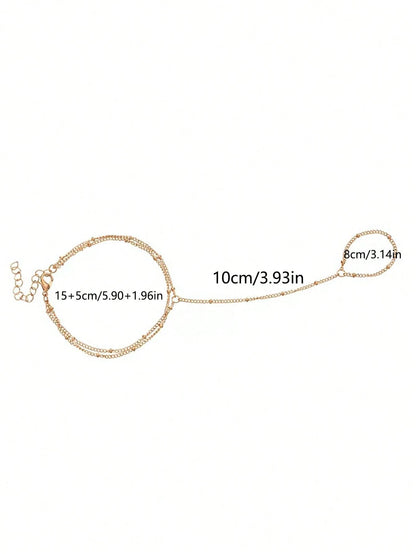 1pc Fashionable Personalized Minimalist Metal Beaded Double-Layer Linked Finger Ring Bracelet, Versatile, Suitable For Daily Wear (Handcrafted Chain Cut To Appropriate Length, Summer