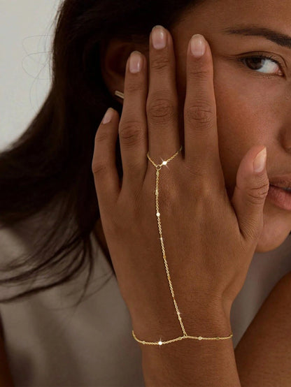 1pc Fashionable Personalized Minimalist Metal Beaded Double-Layer Linked Finger Ring Bracelet, Versatile, Suitable For Daily Wear (Handcrafted Chain Cut To Appropriate Length, Summer
